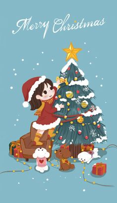 a christmas card with a cartoon girl decorating a christmas tree and presents under it