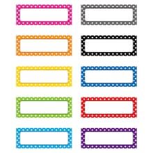 colorful name tags with polka dots on them