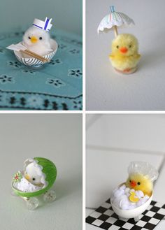 four different pictures of small toy animals in tiny baskets