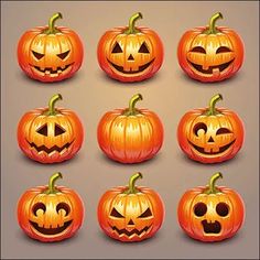 a set of pumpkins with faces carved into them, all in different shapes and sizes