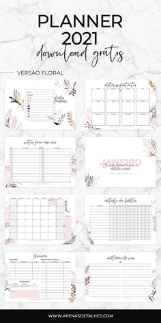 the printable planner with flowers and leaves is shown in pink, white and black