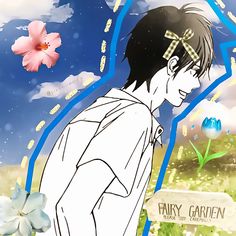 a young man standing in front of a blue sky with clouds and flowers around him