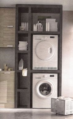 a washer and dryer in a room with cabinets