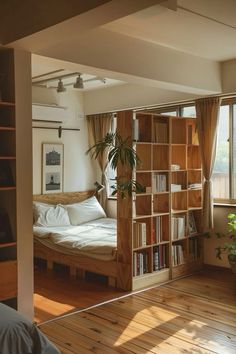 a room with a bed, bookshelf and plant in it's corner