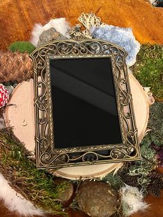 an ornate gold frame surrounded by moss and pine cones