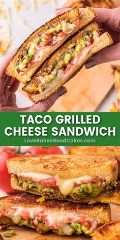 Taco Grilled Cheese Sandwich pin collage Sandwich Grinder, Taco Grilled Cheese, Love Bakes Good Cakes, Good Cakes, Grilled Taco, Sandwhich Recipes, Gourmet Grilling, Best Sandwich Recipes, Cheese Sandwich Recipes