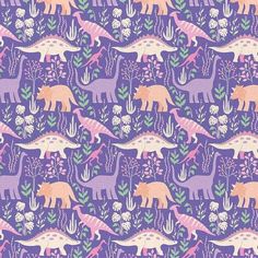 an image of dinosaurs and plants on purple background with pink, orange and blue colors