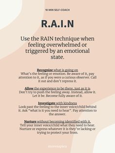 Tips For Overwhelm, Self Healing Techniques, Rain Technique Mindfulness, What To Do When You Feel Unloveable, Rain Method, How To Feel Your Feelings, Rain Technique, Therapy Reflection, Self Soothing Techniques