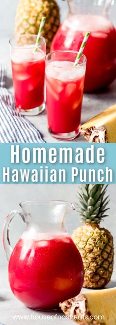 homemade hawaiian punch recipe with pineapples in the background and two glasses filled with it