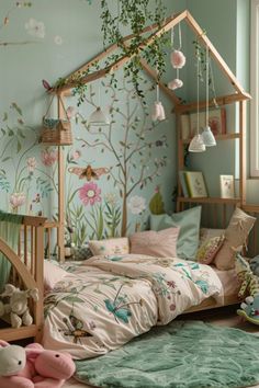 a child's bedroom decorated in pastel colors