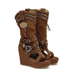 Ladies Ankle Boots, Hak Tinggi, Wedges Boots, Dark Brown Shoes, Shoes Retro, High Heel Wedges, Long Boots, Sandals Women, Cool Boots