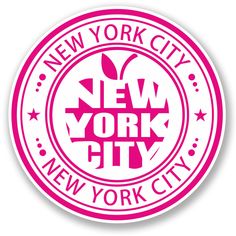 the new york city logo is shown in pink on a white background with stars and circles