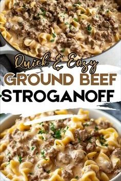 an image of ground beef stroganonoff in a skillet with text overlay