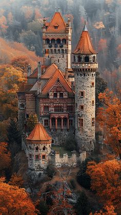 an aerial view of a castle surrounded by trees with orange leaves in the foreground