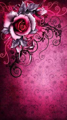 a pink background with flowers and swirls