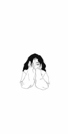 a black and white drawing of a woman covering her face