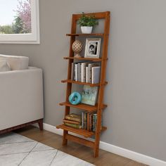 a bookshelf in the corner of a living room