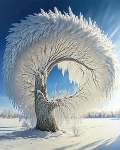 an artistic painting of a white tree in the snow