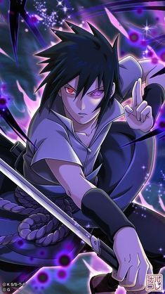 an anime character with black hair and blue eyes holding two swords in his hands while pointing to the side