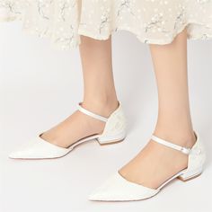 Shop Women's White Lace Pointed Toe Ankle Strap Wedding Flat Shoes color White for Anniversary, School, Wedding with worldwide Free shipping & Free return. Wedding Flat Shoes, Bridesmaid Shoes Flat, Mother Wedding, Glitter Flats, Wedding Shoes Flats, Boho Wedding Dress Lace, Wedding Flats, Wedding Dress Shoes, Bridesmaid Shoes