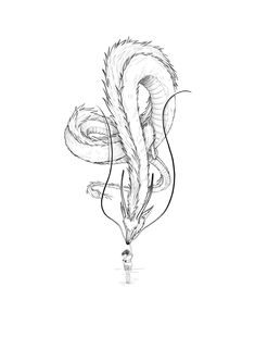 a drawing of a dragon with its head in the water and tail curled up to it's mouth