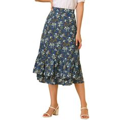 It is made from lightweight fabric adds definition to the free-flowing design. Falling to a waterfall midi hem, it sits high on the waist with a discreet side zip fastening. Channel elegant style in this midi skirt, beautifully printed with an blossom print for versatile look. Wear it with tops and sandals for a sleek work or weekend fit. Occasion: Weekend, Daily Wear, Shopping, Picnic, etc. Please check your measurements to make sure the item fits before ordering. Measurement (in inches) Intern Floral Print Flowy Skirt For Garden Party, Floral Print Flared Skirt For Brunch, Casual Ruffled Bottoms For Garden Party, Tiered Skirt With Floral Print For Garden Party, Tiered Floral Print Skirt For Garden Party, Casual Chiffon Skirt With Floral Print, Flowy Ruffle Hem Skirt For Garden Party, Flowy Skirt With Ruffle Hem For Garden Party, Blue Skirt For Spring Garden Party