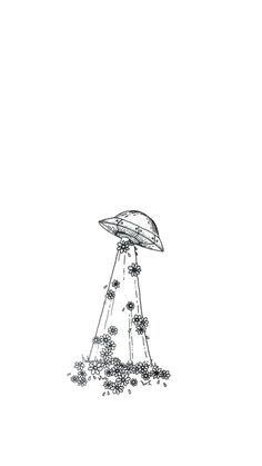 a drawing of an object in the sky with flowers growing out of it's bottom