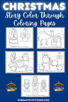 christmas story color through coloring pages for kids with pictures of animals and people in the background