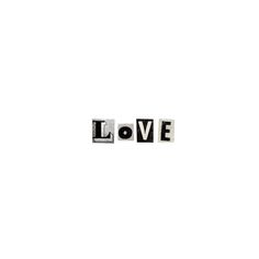 the word love is made up of small black and white letters on a white background