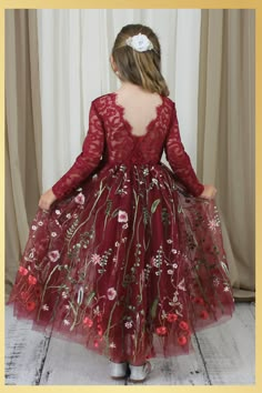 Girls Burgundy Floral Dress Discover how our burgundy floral embroidery flower girl dress can transform your wedding day into a fairy tale. With its intricate detailing and enchanting design, your little one will shine like the sun and leave a lasting impression on your guests. Dress Features The soft burgundy bodice, made of stretchy lace with a "V" shaped on the back, edged with delicate lace Tulle is soft to the touch and will not itch your little one. Each comes with a liner, 1 layer of tulle with flowers. Flowers are in greens, burgundy, mauves, reds, creams, tans and white. 2nd layer of tulle is burgundy tulle. No 2 dresses will look exactly the same. Dress length of mid-calf to floor depending on child’s height This dress comes in more colors and options found in our shop. If you ar Floral Flower Girl Dress, Matching Sister Outfits, Burgundy Flower Girl Dress, Burgundy Floral Dress, Girls Floral Dress, Infant Flower Girl Dress, Sister Outfits, Weddings By Color, Family Picture Outfits