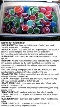 the instructions for how to make jelly shot master lists in a recipe book, with pictures and text below