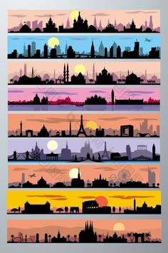 four different city skylines with sunset in the background