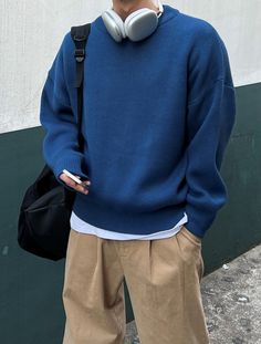 Korean Winter Fits Men, Blue Aesthetic Clothes Men, Blue Crewneck Outfit Men, Shirt Under Sweater Outfit Men, Smart Aesthetic Boy, Polo Sweater Outfit Men, Blue Sweatshirt Outfit Men, Men Basic Outfit, Dark Blue Outfit Men