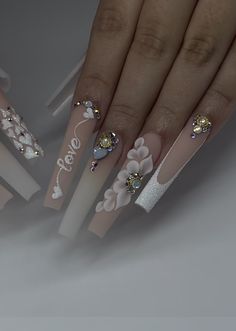 Nail Vibes, Nails With White, Quinceanera Nails, Ring Finger Nails, Aqua Nails, Barbie Quotes, Long Nail Art, Acrylic Toes, Unicorn Nails