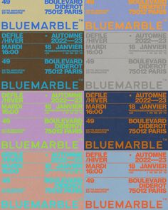 the poster for blue marlbe is shown in different colors and sizes, as well as numbers