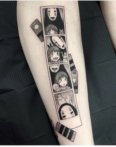 a person with a tattoo on their leg that has an image of people in it