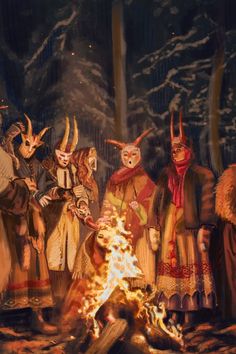 a group of people standing around a fire in front of a forest filled with animals