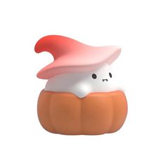 an orange and white pumpkin with a red hat on it's head, sitting in front of a white background