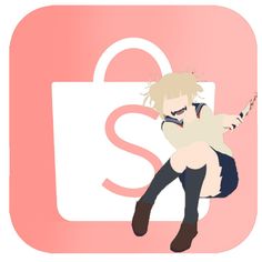 an anime character holding a cell phone in front of a shopping bag with the letter s on it