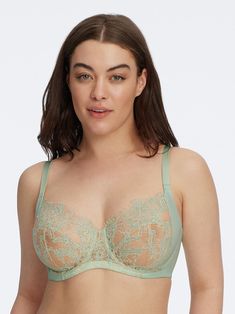 A new addition to a Skarlett Blue favorite, the Entice Collection. Our Entice lace is incorporated into a style with added coverage and support for fuller cup sizes. Signature eyelash scalloped edge neckline is the perfect addition under any shirt. Complete the set with our Entice Brief. Non-padded underwire 4 piece seamed cup provides added support and coverage 2-ply side sling 2-ply fabric backs with encased elastic for a smoothing and comfortable fit Open neckline is finished with eyelash sca Green Lace Bra With Padded Cups, Green Lace Bra With Lace Trim, Elegant Underwire Bra With Scalloped Lace, Elegant Green Bra With Lace Trim, Elegant Green Lace Bra, Sheer Bras, Tato Flash, Lace Balconette, Green Lingerie