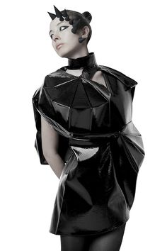 Geometric Fashion - patent leather dress using 2D shapes to create a 3D structure; sculptural fashion // Lisa Shahno Patent Leather Dress, Extreme Fashion