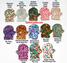 the different types of glitter mitts are shown in this image, with their names and colors