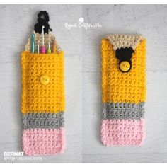 two crocheted cell phone cases with pens and pencils in them