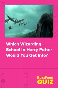 a poster with the words which wizarding school in harry potter would you get into?