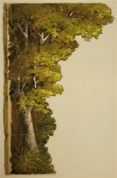 an image of a painting with trees in the foreground and white wall behind it