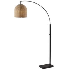 a floor lamp with a wooden shade on it's head and an iron base