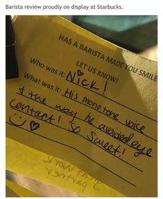 a yellow piece of paper with writing on it and someone's handwritten note