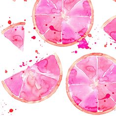 the slices of grapefruit are painted in watercolor on white paper with pink ink