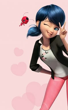 a cartoon girl with blue hair is holding her hand up in the air while standing next to a ladybug