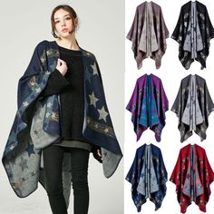 Womens Trendy Cashmere Like Poncho Blanket Wrap Shawl Jumper Tippet Cape Stars Poncho Wrap Shawl, Poncho Blanket, Poncho Scarf, Star Shawl, Plaid Poncho, Poncho Wrap, Poncho Shawl, Cashmere Poncho, Cozy Scarf